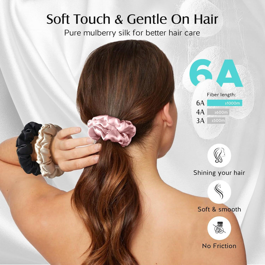 3 PCS 100% Mulberry Silk Scrunchies for Women Girls, Soft No Damage