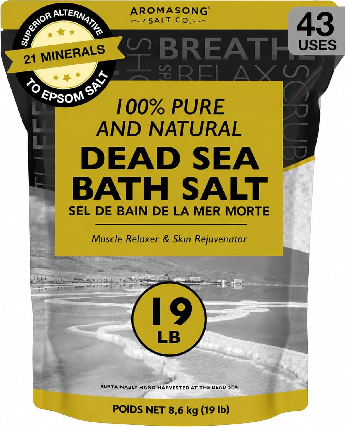Aromasong Dead Sea Salt - Spa Bath Salt - 19 Lbs Fine Grain Bulk - 100% Pure - Better Absorbing than Epsom Salt - Soak for Women & Men for Skin Issues and to Relax Tired Muscles - Resealable Pack.